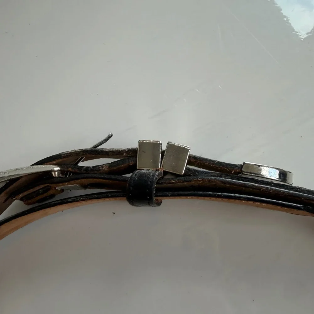 Vintage Fisher Western Style Silver-Toned Buckle Black Leather Belt